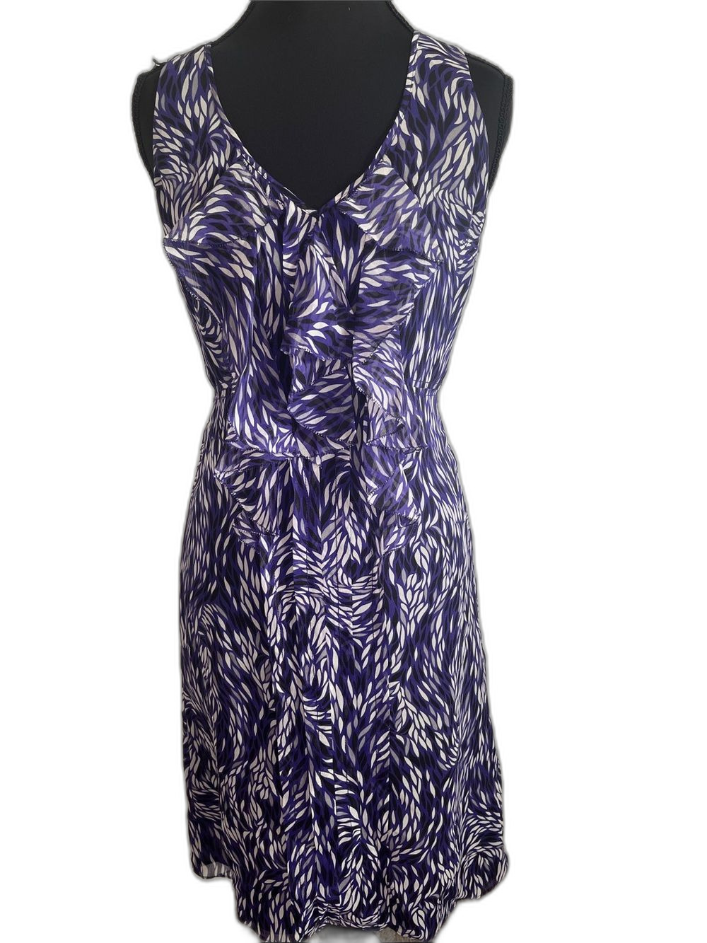 Tory Burch Silk Purple Black White Print V-Neck Ruffle Front Midi Dress Size 2